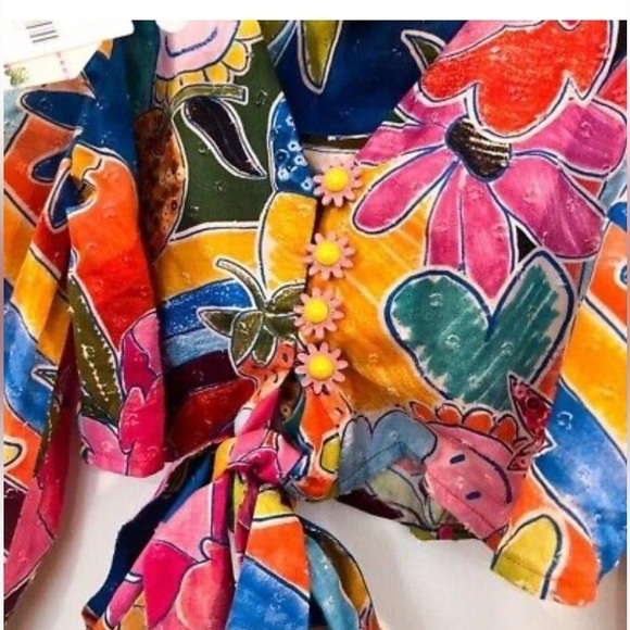 Farm Rio Deep-V Tie-Waist Top NWT Small 🍍🍓🌼🌸🌺 - Picture 8 of 13